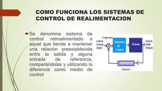 COMO FUNCIONA LOS SISTEMAS DE
CONTROL DE REALIMENTACION
Se denomina sistema de
control retroalimentado a
aquel que tiende a mantener
una relación preestablecida
entre la salida y alguna
entrada de referencia,
comparándolas y utilizando la
diferencia como medio de
control
 