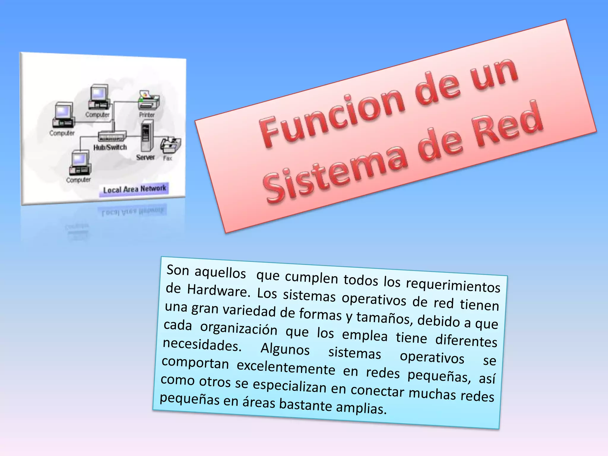 Funcion de un Sistema de RedSon aquellos  que cumplen todos los requerimientos de Hardware. Los sistemas operativos de red tienen una gran variedad de formas y tamaños, debido a que cada organización que los emplea tiene diferentes necesidades. Algunos sistemas operativos se comportan excelentemente en redes pequeñas, así como otros se especializan en conectar muchas redes pequeñas en áreas bastante amplias. 