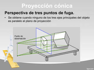 Perspectiva de tres puntos de fuga.
• Se obtiene cuando ninguno de los tres ejes principales del objeto
es paralelo al plano de proyección
Proyección cónica
 