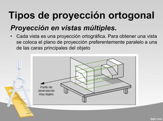Tipos de proyección ortogonal
Proyección en vistas múltiples.
• Cada vista es una proyección ortográfica. Para obtener una vista
se coloca el plano de proyección preferentemente paralelo a una
de las caras principales del objeto
 