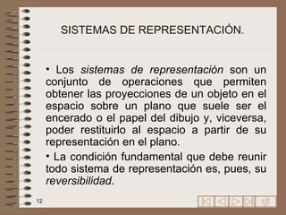 SISTEMAS DE REPRESENTACIÓN . Los  sistemas de representación  son un conjunto de operaciones que permiten obtener las proyecciones de un objeto en el espacio sobre un plano que suele ser el encerado o el papel del dibujo y, viceversa, poder restituirlo al espacio a partir de su representación en el plano. La  condición fundamental que debe reunir todo sistema de representación es, pues, su  reversibilidad. 