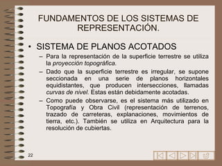 FUNDAMENTOS DE LOS SISTEMAS DE REPRESENTACIÓN. SISTEMA DE PLANOS ACOTADOS Para la representación de la superficie terrestre se utiliza la  proyección topográfica. Dado que la superficie terrestre es irregular, se supone seccionada en una serie de planos horizontales equidistantes, que producen intersecciones, llamadas  curvas de nivel.  Estas están   debidamente acotadas. Como puede observarse, es el sistema más utilizado en Topografía y Obra Civil (representación de terrenos, trazado de carreteras, explanaciones, movimientos de tierra, etc.). También se utiliza en Arquitectura para la resolución de cubiertas. 