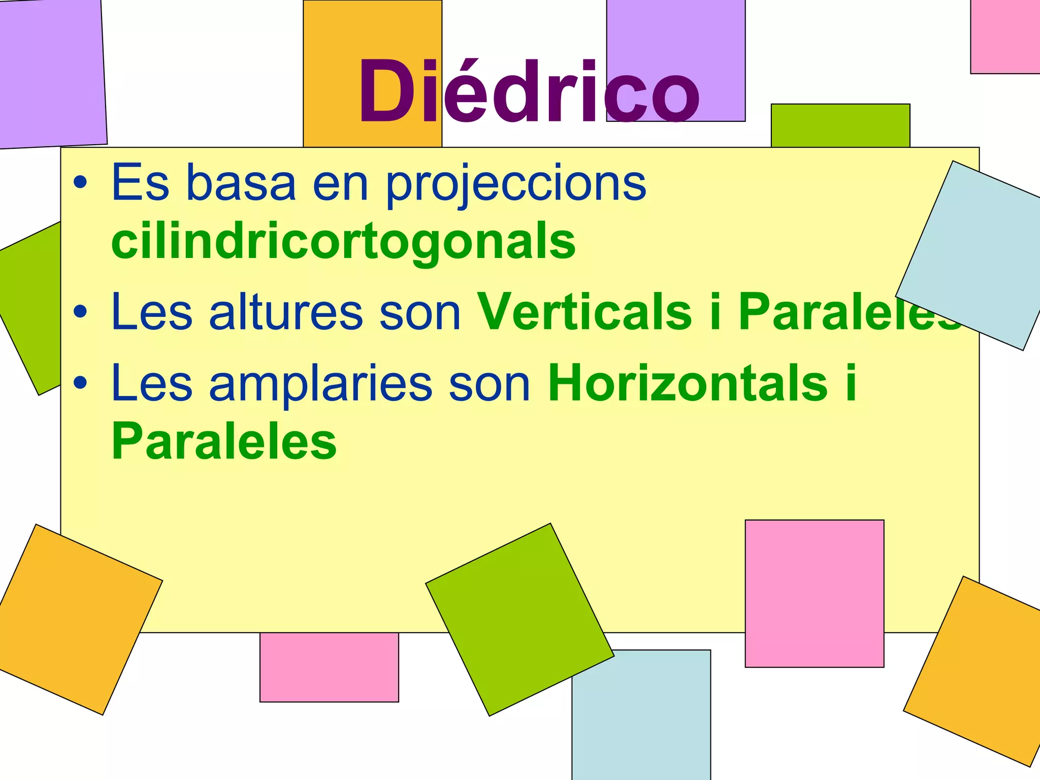 Diédrico Es basa en projeccions   cilindricortogonals Les altures son   Verticals i Paraleles Les amplaries son   Horizontals i Paraleles 