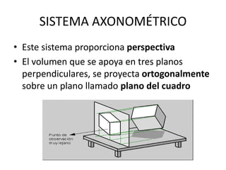 SISTEMA AXONOMÉTRICO
• Este sistema proporciona perspectiva
• El volumen que se apoya en tres planos
  perpendiculares, se proyecta ortogonalmente
  sobre un plano llamado plano del cuadro
 