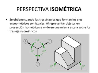 PERSPECTIVA ISOMÉTRICA
• Se obtiene cuando los tres ángulos que forman los ejes
  axonométricos son iguales. Al representar objetos en
  proyección isométrica se mide en una misma escala sobre los
  tres ejes isométricos.
 