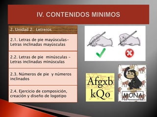 2. Unidad 2: Letreros

2.1. Letras de pie mayúsculas-
Letras inclinadas mayúsculas


2.2. Letras de pie minúsculas –
Letras inclinadas minúsculas


2.3. Números de pie y números
inclinados


2.4. Ejercicio de composición,
creación y diseño de logotipo
 