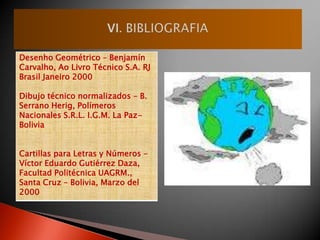 Desenho Geométrico – Benjamín
Carvalho, Ao Livro Técnico S.A. RJ
Brasil Janeiro 2000

Dibujo técnico normalizados – B.
Serrano Herig, Polímeros
Nacionales S.R.L. I.G.M. La Paz-
Bolivia


Cartillas para Letras y Números –
Víctor Eduardo Gutiérrez Daza,
Facultad Politécnica UAGRM.,
Santa Cruz – Bolivia, Marzo del
2000
 