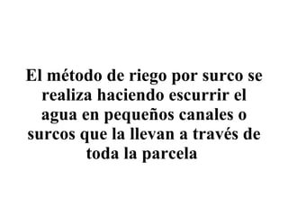 El método de riego por surco se realiza haciendo escurrir el agua en pequeños canales o surcos que la llevan a través de toda la parcela  