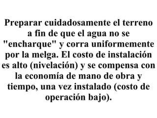 Preparar cuidadosamente el terreno a fin de que el agua no se "encharque" y corra uniformemente por la melga. El costo de instalación es alto (nivelación) y se compensa con la economía de mano de obra y tiempo, una vez instalado (costo de operación bajo). 