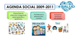 Garantizar la
atención integral de
salud gratuita y
oportuna.
Fortalecer la
prevención,
control.
Fomentar
entornos
saludables
AGENDA SOCIAL 2009-2011
 