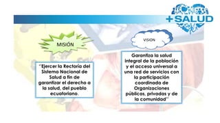 MISIÓN
‘’Ejercer la Rectoría del
Sistema Nacional de
Salud a fin de
garantizar el derecho a
la salud, del pueblo
ecuatoriano.
VISION
Garantiza la salud
integral de la población
y el acceso universal a
una red de servicios con
la participación
coordinada de
Organizaciones
públicas, privadas y de
la comunidad’’
 