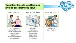 Características de los diferentes
niveles del sistema de salud
Trabajadores
comunitarios de
salud; enfermeras;
comadronas;
asistentes
médicos; parteras
tradicionales
NIVEL PRIMARIO
Médicos,
enfermeras,
farmacéuticos,
técnicos de
laboratorio,
inspectores
sanitarios.
NIVEL SECUNDARIO
Médicos
especialistas
NIVEL TERCIARIO
 