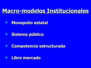 Macro-modelos Institucionales Monopolio estatal Sistema público Competencia estructurada Libre mercado 