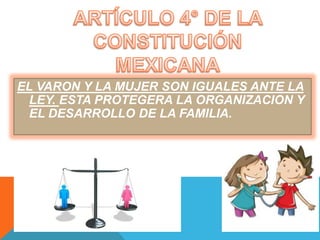 EL VARON Y LA MUJER SON IGUALES ANTE LA 
LEY. ESTA PROTEGERA LA ORGANIZACION Y 
EL DESARROLLO DE LA FAMILIA. 
 