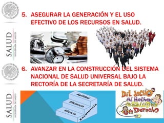 5. ASEGURAR LA GENERACIÓN Y EL USO 
EFECTIVO DE LOS RECURSOS EN SALUD. 
6. AVANZAR EN LA CONSTRUCCIÓN DEL SISTEMA 
NACIONAL DE SALUD UNIVERSAL BAJO LA 
RECTORÍA DE LA SECRETARÍA DE SALUD. 
 