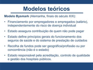Modelos teóricos
Modelo Bysmark (Alemanha, finais do século XIX):
• Financiamento por empregadores e empregados (salário),
independentemente do risco de doença individual
• Estado assegura contribuição de quem não pode pagar
• Estado define princípios gerais do funcionamento dos
seguros de saúde e do sistema de prestação de cuidados
• Recolha de fundos pode ser geográfica/profissão ou por
concorrência (não é o estado)
• Estado responsável pela acreditação, controlo de qualidade
e gestão dos hospitais públicos.
 