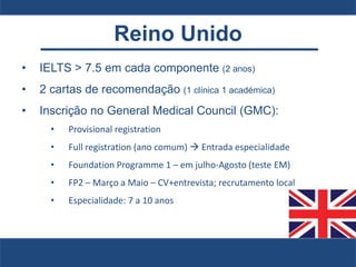 Reino Unido
• IELTS > 7.5 em cada componente (2 anos)
• 2 cartas de recomendação (1 clínica 1 académica)
• Inscrição no General Medical Council (GMC):
• Provisional registration
• Full registration (ano comum)  Entrada especialidade
• Foundation Programme 1 – em julho-Agosto (teste EM)
• FP2 – Março a Maio – CV+entrevista; recrutamento local
• Especialidade: 7 a 10 anos
 