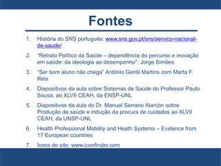 Fontes
1. História do SNS português: www.sns.gov.pt/sns/servico-nacional-
de-saude/
2. “Retrato Político da Saúde – dependência do percurso e inovação
em saúde: da ideologia ao desempenho”; Jorge Simões
3. “Ser bom aluno não chega” António Gentil Martins com Marta F.
Reis
4. Diapositivos da aula sobre Sistemas de Saúde do Professor Paulo
Sousa, ao XLVII CEAH, da ENSP-UNL
5. Diapositivos da aula do Dr. Manuel Serrano Alarcón sobre
Produção de saúde e indução da procura de cuidados ao XLVII
CEAH, da UNSP-UNL
6. Health Professional Mobility and Heath Systems – Evidence from
17 European countries
7. Ícons do site: www.iconfinder.com
 