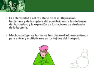 • La enfermedad es el resultado de la multiplicación
bacteriana y de la ruptura del equilibrio entre las defensas
del hospedero y la expresión de los factores de virulencia
de la bacteria.
• Muchos patógenos humanos han desarrollado mecanismos
para entrar y multiplicarse en los tejidos del huésped.
 