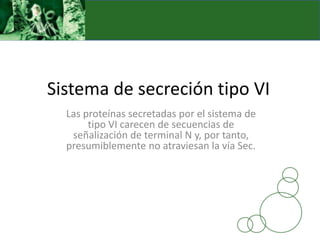 Sistema de secreción tipo VI
Las proteínas secretadas por el sistema de
tipo VI carecen de secuencias de
señalización de terminal N y, por tanto,
presumiblemente no atraviesan la vía Sec.
 