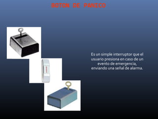 BOTON DE PANICO




           Es un simple interruptor que el
           usuario presiona en caso de un
               evento de emergencia,
           enviando una señal de alarma.
 