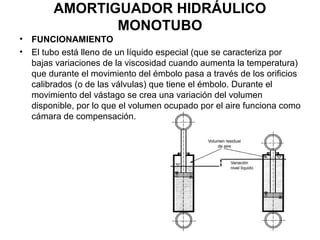 AMORTIGUADOR HIDRÁULICO
MONOTUBO
• FUNCIONAMIENTO
• El tubo está lleno de un líquido especial (que se caracteriza por
bajas variaciones de la viscosidad cuando aumenta la temperatura)
que durante el movimiento del émbolo pasa a través de los orificios
calibrados (o de las válvulas) que tiene el émbolo. Durante el
movimiento del vástago se crea una variación del volumen
disponible, por lo que el volumen ocupado por el aire funciona como
cámara de compensación.
 