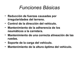 Funciones Básicas
• Reducción de fuerzas causadas por
irregularidades del terreno.
• Control de la dirección del vehiculo.
• Mantenimiento de la adherencia de los
neumáticos a la carretera.
• Mantenimiento de una correcta alineación de las
ruedas.
• Soporte de la carga del vehiculo.
• Mantenimiento de la altura óptima del vehiculo.
 