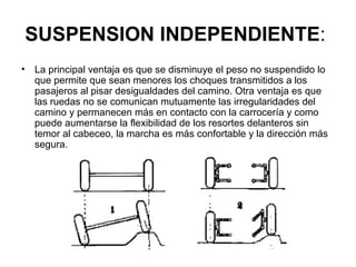 SUSPENSION INDEPENDIENTE:
• La principal ventaja es que se disminuye el peso no suspendido lo
que permite que sean menores los choques transmitidos a los
pasajeros al pisar desigualdades del camino. Otra ventaja es que
las ruedas no se comunican mutuamente las irregularidades del
camino y permanecen más en contacto con la carrocería y como
puede aumentarse la flexibilidad de los resortes delanteros sin
temor al cabeceo, la marcha es más confortable y la dirección más
segura.
 