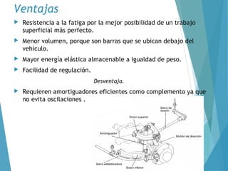 Ventajas
 Resistencia a la fatiga por la mejor posibilidad de un trabajo
superficial más perfecto.
 Menor volumen, porque son barras que se ubican debajo del
vehículo.
 Mayor energía elástica almacenable a igualdad de peso.
 Facilidad de regulación.
Desventaja.
 Requieren amortiguadores eficientes como complemento ya que
no evita oscilaciones .
 