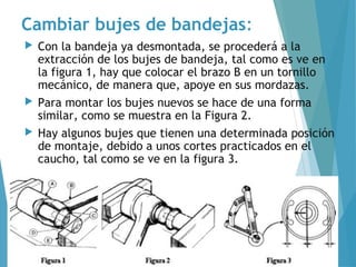 Cambiar bujes de bandejas:
 Con la bandeja ya desmontada, se procederá a la
extracción de los bujes de bandeja, tal como es ve en
la figura 1, hay que colocar el brazo B en un tornillo
mecánico, de manera que, apoye en sus mordazas.
 Para montar los bujes nuevos se hace de una forma
similar, como se muestra en la Figura 2.
 Hay algunos bujes que tienen una determinada posición
de montaje, debido a unos cortes practicados en el
caucho, tal como se ve en la figura 3.
 
