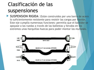 Clasificación de las
suspensiones
 SUSPENSION RIGIDA :Están construidos por una barra de acero
lo suficientemente resistente para resistir las cargas por flexión.
Este eje cumplía numerosas funciones: permitía que el bastidor se
apoyase a las ruedas a través de las ballestas y llevaba en los
extremos unas horquillas huecas para poder montar los muñones.
 