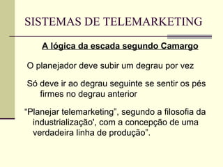 SISTEMAS DE TELEMARKETING
    A lógica da escada segundo Camargo

O planejador deve subir um degrau por vez

Só deve ir ao degrau seguinte se sentir os pés
   firmes no degrau anterior

“Planejar telemarketing”, segundo a filosofia da
  industrialização', com a concepção de uma
  verdadeira linha de produção”.
 