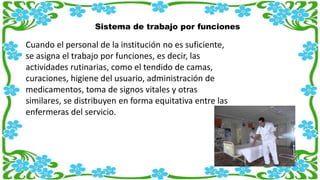 Sistema de trabajo por funciones
Cuando el personal de la institución no es suficiente,
se asigna el trabajo por funciones, es decir, las
actividades rutinarias, como el tendido de camas,
curaciones, higiene del usuario, administración de
medicamentos, toma de signos vitales y otras
similares, se distribuyen en forma equitativa entre las
enfermeras del servicio.
 
