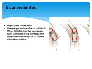 Inconvenientes


• Mayor coste constructivo
• Menos espacio disponible en habitáculo
• Mayor facilidad a perder tracción en
  curva (vehículos muy potentes) por la
  componente centrífuga de las fuerzas
  sobre el neumático.
 