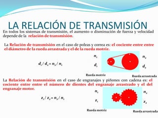 LA RELACIÓN DE TRANSMISIÓN
En todos los sistemas de transmisión, el aumento o disminución de fuerza y velocidad
depende de la relación de transmisión.

La Relación de transmisión en el caso de poleas y correa es: el cociente entre entre
el diámetro de la rueda arrastrada y el de la rueda motriz.
                                                  n1                          n2
                   d1 / d2 = n2 / n1               d1                         d2

                                              Rueda motriz             Rueda arrastrada
La Relación de transmisión en el caso de engranajes y piñones con cadena es: el
cociente entre entre el número de dientes del engranaje arrastrado y el del
engranaje motor.
                                               n1                        n2
                     z1 / z2 = n2 / n1
                                                   z1                         z2

                                              Rueda motriz              Rueda arrastrada
 