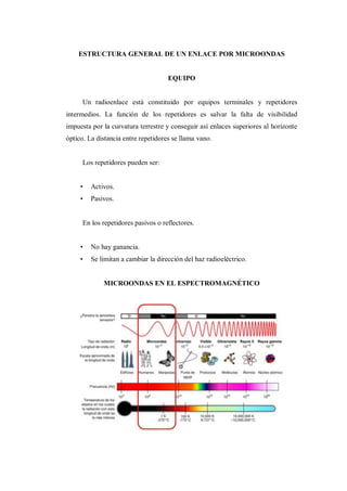 ESTRUCTURA GENERAL DE UN ENLACE POR MICROONDAS
EQUIPO
Un radioenlace está constituido por equipos terminales y repetidores
intermedios. La función de los repetidores es salvar la falta de visibilidad
impuesta por la curvatura terrestre y conseguir así enlaces superiores al horizonte
óptico. La distancia entre repetidores se llama vano.
Los repetidores pueden ser:
• Activos.
• Pasivos.
En los repetidores pasivos o reflectores.
• No hay ganancia.
• Se limitan a cambiar la dirección del haz radioeléctrico.
MICROONDAS EN EL ESPECTROMAGNÉTICO
 