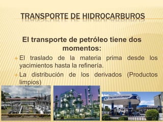TRANSPORTE DE HIDROCARBUROS
El transporte de petróleo tiene dos
momentos:
 El traslado de la materia prima desde los
yacimientos hasta la refinería.
 La distribución de los derivados (Productos
limpios)
 