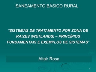 SANEAMENTO BÁSICO RURAL

"SISTEMAS DE TRATAMENTO POR ZONA DE
RAIZES (WETLANDS) – PRINCÍPIOS

FUNDAMENTAIS E EXEMPLOS DE SISTEMAS"

Altair Rosa
1

 