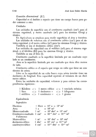 C-82                                               José Luis Galán García

   Ecuación dimensional [L"]
   Capacidad es el ámbito o espacio que tiene un cuerpo hueco para po-
der contener a otro.
   Unidades
    Las unidades de superficie son el centímetro cuadrado (cm^) para el
sistema cegesimal, y metro cuadrado (m°) para los sistemas Gidrgi y
técnico.
    En Agricultura se emplean para medir superficies el área y hectárea.
    Las unidades de volumen son el centímetro cúbico (cm'') para el sis-
tema cegesimal, y el metro cúbico (m^) para los sistemas Giorgi y técnico.
    También se usa el decímetro cúbico (dm").
    Las unidades de capacidad son el mililitro (mi) para el sistema cege-
simal, y el kilolitro (Kl) para los sistemas Giorgi y técnico.
    También se usa el litro (1).
    Centímetro cuadrado es la superficie limitada por un cuadrado cuyo
lado es un centímetro.
    Área es la superficie limitada por un cuadrado que tiene diez metros
de lado.
    Centímetro cúbico es el espacio que ocupa un cubo que tiene un cen-
tímetro de arista.
    Litro es la capacidad de un cubo hueco cuya arista interior tiene un
decímetro de longitud. Esta capacidad equivale al volumen de un decí-
metro cúbico.
    Entre las unidades de capacidad, volumen y peso existen las corres-
pondencias siguientes:

       1 Kilolitro < >   1 metro cúbico < >      I tonelada métrica
       1 litro     < >   1 decímetro » < >       1 kilogramo
       I mililitro < >   1 centímetro » < >      1 gramo

   Equivalencia
   Superficies
Hectárea             1 Hect    =   10' a = 10- m '
Área                 1 a       =   10' m '
Metro-cuadrado      1 m=       =   10' dm' = 10- cm^
Centímetro-cuadrado 1 cm'      =   10-' dm' = 10-* m^
    Volúmenes
Metro-cúbico        1 m'"      = 10' dm' = 10' cm^
decímetro-cúbico    1 dm''     = 10' cm' = 10-3 m^
centímetro-cúbico   1 cm^      --= 10-' dm' = 10-" m^
 