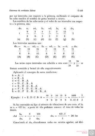 Sistemas de unidades físicas                                                                                                C-103

por sus intervalos con respecto a la primera, recibiendo el conjunto de
los ocho sonidos el nombre de gama musical u octava.
    Los nombres de las ocho notas y el valor de sus intervalos con respec-
to a la primera, son:
           doi       rci             mil          fa.           solí           la.                sil      do2
                         9             5          4              3             5                  15
           1                                                                                                    2
                         8             4-         3              2             3                  8
          (a)        (b)              (c)         (d)           (e)           (f)                 (g)          (h)
    Los intervalos sucesivos sonL :
     doi ^—       rt-1               mi, —        fa, —          solí -             lai       — sil            — doz
           9             10                 16        9               10                      9                16

            8                9              15            8               9                       8            15
          (A)            (B)            (C)               (D)1           (E)                  (F)              (G)
                                                                                                          25           24
      Las notas cuyos intervalc is con relación a otra'. sean-                                                      y •-•      se
                                                                                                          24           25
llaman sostenido y bemol de ella respectivamente.
   Aplicando el concepto de suma tendremos:
  b = A . 1
  c = B . A
  d = C . B . A
  e = D . C . B . A
  f = E . D . C . B . A
  g = F . E . D . C . B . A
  h=:G.F         E . D . C . B . A
                                                           10        9        16      10              9        1600            5
 Ejemplo: f = E . D . C . B . A                       =
                                                                           15             9           8    8. 15.8             3

   Se ha convenido en fijar el número de vibraciones de una nota el las
en n = 435 hz; a partir de ella podemos conocer el tono de todas las
demás.
            las                             435                                      435.3
    Así                                                              dOa =                                     261 hz
            dOa                  3          dOa                                               5
    Conociendo el doa obtendremos todas sus octavas agudas; así divi-
 