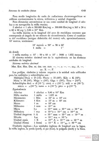 Sistemas de unidades físicas                                              C-63

    Para medir longitudes de onda de radiaciones electromagnéticas se
utilizan corrientemente la miera, milimicra y unidad Angstrón.
    Para distancias astronómicas se usa como unidad de longitud el año-
luz y en navegación la milla marina.
    1 año-luz = I año X 300.000 Km/seg = 300.000 Km/seg x 365 x 24 x
X 60 X 60 seg •:::: 9,46 x 10'' Km.
    La milla marina es la longitud del arco de meridiano terrestre que
corresponde al ángulo de un minuto de circunferencia. Como el cuadran-
te del meridiano (antigua definición del metro) vale, aproximadamente,
10' metros, tendremos:
                        10' metro^s = 90" = 90 x 60'
                        1 milla =                1'
de donde
    I milla marina = 10' : 90 x 60 = 10' : 5400 = 1.852 metros.
    El sistema métrico decimal nos da la equivalencia en las distintas
unidades de longitud.
   Sistema métrico decimal
   Mm. Km. Hm. Dm. m. dm. cm. mm. —. —. [JL. —. —. m|i. A. —.
                                 fiix. X. —. F. •
   Los prefijos, símbolos y valores respecto a la unidad más utilizados
para los múltiplos y submúltiplos son:
     Múltiplos Deca = D (10); Hecto = H (10==); Kilo = K (10');
     Miria = M (10^); Mega = (10°); Giga = (10"); Tera = (10'^).
    Submúltiplos deci = d (lO"'); centi = c (10-=); mili = m (10-');
         micro = 1 (10-'); nano = n (10-°); pico = p (10"").
                      1
    Equivalencia
     Año-luz              1 año-luz = 9,46 x 10'= Km
     Milla marina         1 milla       = 1.852 m
     Miriámetro           1 Mm          = 10- m = 10" cm
     Kilómetro             1 Km         = 10' m = 10= cm
     Metro                1 m           = 10= cm
     Milímetro            1 mm         •= l O - ' m
     Miera                l|x          = 10-' mm = 10-- cm = lO"» m
     Milimicra            1 m(i.       = 10-'ii= 10-' cm = 10-° m
     Unidad Angstrón 1 A               = 10-' mm = 10-» em = 10-'° ir
     Mierón               l|i|i        = 10-' mix = 10-V
     Unidad equis          I X         = 10-^ A = 1 0 - " cm = 1 0 - " m
     Unidad Fermi         1 fermi - 10-^ X = 10-'M„ = 1 0 - " cm
    Unidades ingrlesas.-—Las unidades inglesas de longitud son la leg
la milla inglesa, la yarda (yard), el pie (foot), la pulgada (inch) y la línea.
 