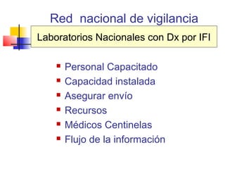 Red nacional de vigilancia
Laboratorios Nacionales con Dx por IFI

       Personal Capacitado
       Capacidad instalada
       Asegurar envío
       Recursos
       Médicos Centinelas
       Flujo de la información
 