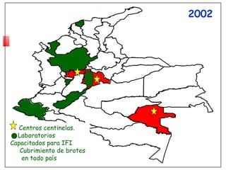 2002




  Centros centinelas.
  Laboratorios
Capacitados para IFI
   Cubrimiento de brotes
   en todo país
 
