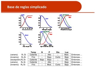 Base de reglas simplicado
Temp N P Día Luz
(verano) R1 Si Caliente  Alto  Mod. Entonces ...
(invierno) R2 Si Frío  Bajo Corto Bajo Entonces ...
(excepción) R3 Si Caliente Bajo Bajo  Alto Entonces ...
(verano) R4 Si Caliente  Alto  Bajo Entonces ...
(invierno) R5 Si Frío  Mod. Corto Bajo Entonces ...
 