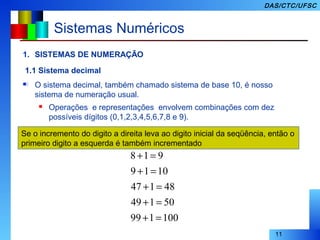 11
DAS/CTC/UFSC
Sistemas Numéricos
1. SISTEMAS DE NUMERAÇÃO
1.1 Sistema decimal
. O sistema decimal, também chamado sistema de base 10, é nosso
sistema de numeração usual.
 Operações e representações envolvem combinações com dez
possíveis dígitos (0,1,2,3,4,5,6,7,8 e 9).
 O incremento de uma unidade a um dígito decimal faz avançar ao
dígito na sequencia da representação decimal:
Se o incremento do digito a direita leva ao digito inicial da seqüência, então o
primeiro digito a esquerda é também incrementado
100199
50149
48147
1019
918
=+
=+
=+
=+
=+
 