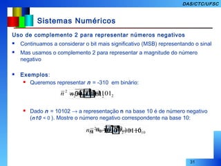 31
DAS/CTC/UFSC
Sistemas Numéricos
Uso de complemento 2 para representar números negativos
 Continuamos a considerar o bit mais significativo (MSB) representando o sinal
 Mas usamos o complemento 2 para representar a magnitude do número
negativo
 Exemplos:
 Queremos representar n = -310 em binário:
 Dado n = 10102 → a representação n na base 10 é de número negativo
(n10 < 0 ). Mostre o número negativo correspondente na base 10:
00112 =n
10102 =n 01101010
22
==n
310 −=n
10210 6)0110( −=−=n
2
22
11010011 ==n 211013 →−
 