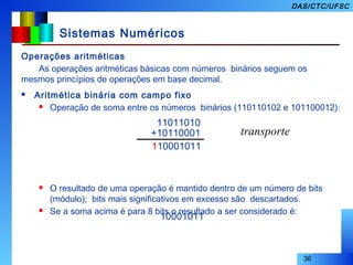 36
DAS/CTC/UFSC
Sistemas Numéricos
Operações aritméticas
As operações aritméticas básicas com números binários seguem os
mesmos princípios de operações em base decimal.
 Aritmética binária com campo fixo
 Operação de soma entre os números binários (110110102 e 101100012):
 O resultado de uma operação é mantido dentro de um número de bits
(módulo); bits mais significativos em excesso são descartados.
 Se a soma acima é para 8 bits o resultado a ser considerado é:
11011010
+10110001
110001011
10001011
transporte
 