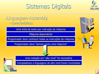 •Linguagem Assembly.
–Características.
Uma linha de texto por instrução de máquina
Máquina dependente
Programador deve conhecer todas as instruções da máquina
Programador deve “pensar como uma máquina”
Uma notação em “alto nível” foi necessária
Compiladores e linguagens de alto nível foram inventadas
Sistemas Digitais
 