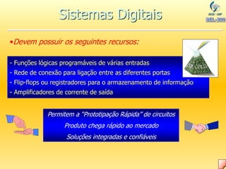 •Devem possuir os seguintes recursos:
- Funções lógicas programáveis de várias entradas
- Rede de conexão para ligação entre as diferentes portas
- Flip-flops ou registradores para o armazenamento de informação
- Amplificadores de corrente de saída
Permitem a “Prototipação Rápida” de circuitos
Produto chega rápido ao mercado
Soluções integradas e confiáveis
Sistemas Digitais
 