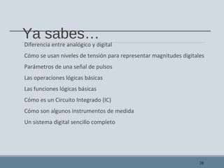 Ya sabes…
Diferencia entre analógico y digital
Cómo se usan niveles de tensión para representar magnitudes digitales
Parámetros de una señal de pulsos
Las operaciones lógicas básicas
Las funciones lógicas básicas
Cómo es un Circuito Integrado (IC)
Cómo son algunos instrumentos de medida
Un sistema digital sencillo completo
38
 